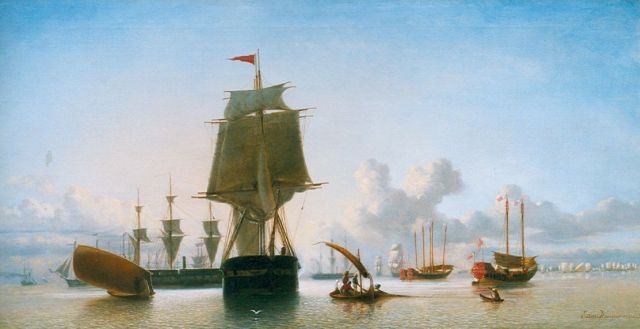 Heemskerck van Beest J.E. van | Zeilschepen op de rede van Batavia, olieverf op doek 56,3 x 107,8 cm, gesigneerd r.o.