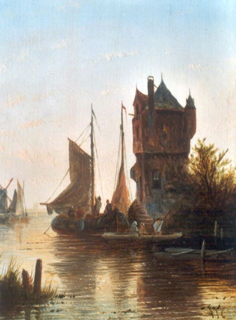 Jacob Jan Coenraad Spohler | Afgemeerde platbodems bij een toren, olieverf op paneel, 13,7 x 11,2 cm, gesigneerd r.o. met initialen
