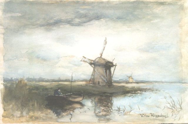 Weissenbruch W.J.  | Polderlandschap met molen en vissersschuit, aquarel op papier 19,2 x 29,5 cm, gesigneerd r.o.