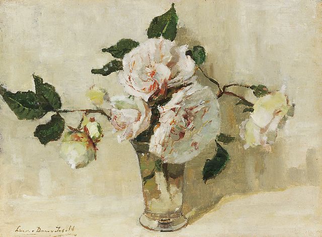 Dam van Isselt L. van | Stilleven met rozen, olieverf op paneel 31,9 x 42,7 cm, gesigneerd l.o. en te dateren ca. 1920-1925.
