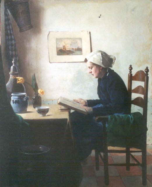 Evert Jan Ligtelijn | Lezende vrouw aan een tafel bij het raam, olieverf op doek, 60,3 x 50,0 cm, gesigneerd l.o.