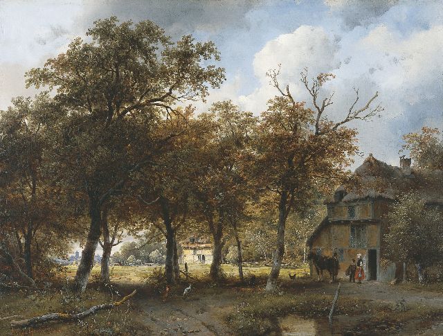 Schelfhout A.  | Boslandschap met boerenhuizen en een stad aan de horizon, olieverf op paneel 40,3 x 52,9 cm, gesigneerd l.o. en gedateerd 1843