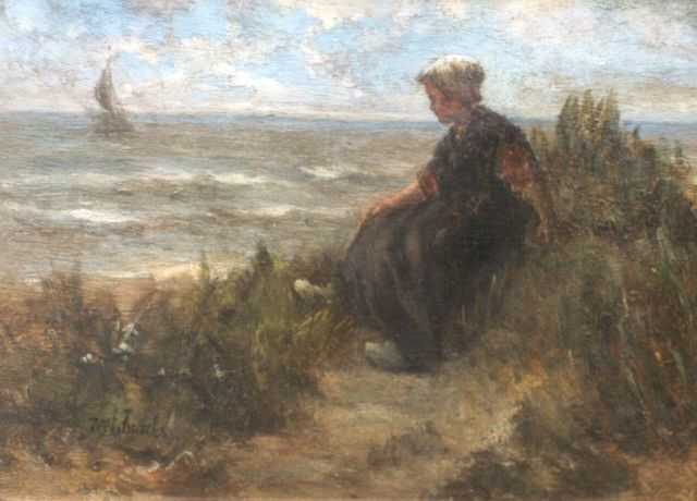 Jozef Israëls | Vissersmeisje op een duintop, olieverf op paneel, 24,3 x 33,2 cm, gesigneerd l.o.