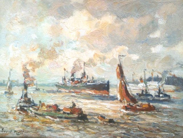 Evert Moll | Schepen in de haven van Rotterdam, olieverf op doek, 19,3 x 25,4 cm, gesigneerd l.o.