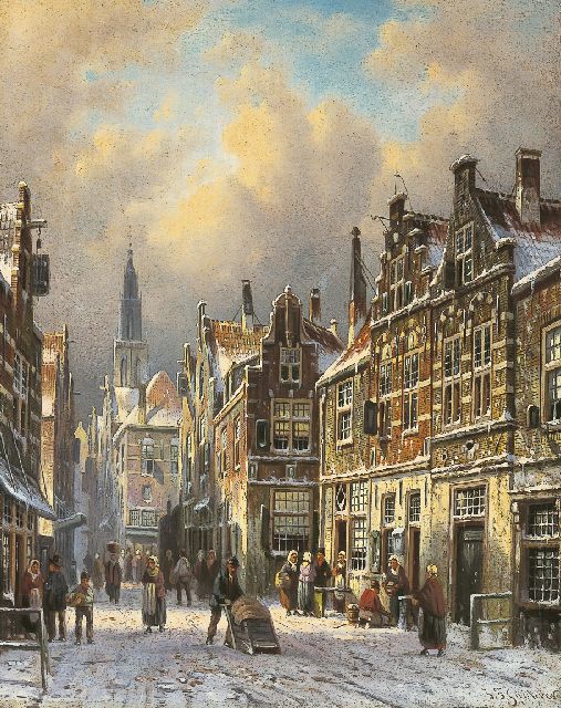 Spohler J.F.  | Winters straatje in Delft, olieverf op paneel 27,1 x 21,3 cm, gesigneerd r.o.