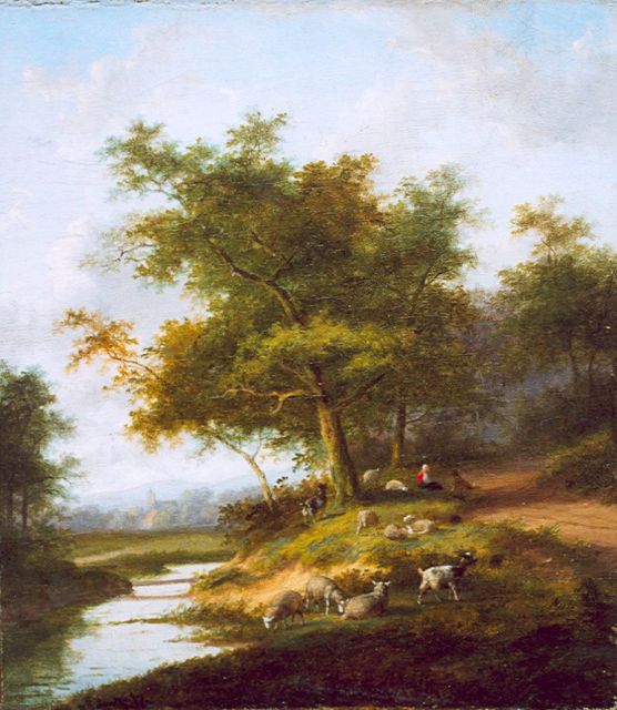 Morel II J.E./Van Severdonck F.   | Rustend herderinnetje met haar kudde, olieverf op doek 32,7 x 29,0 cm, gesigneerd m.o.