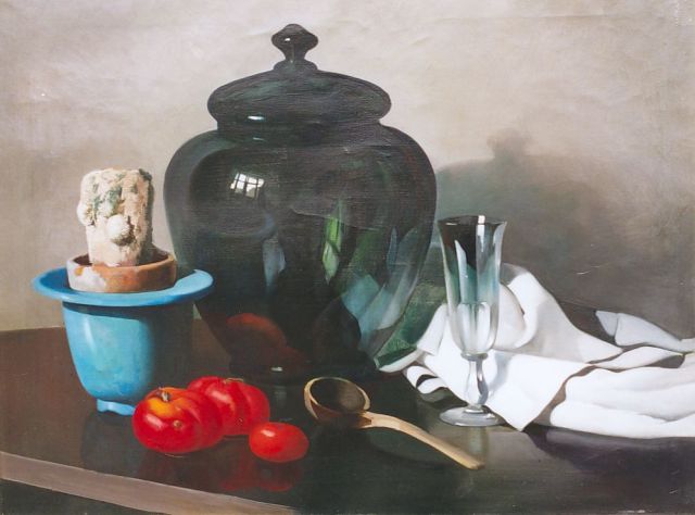 Hoff A.J. van 't | Stilleven met glas en cactus, olieverf op doek 56,7 x 75,8 cm
