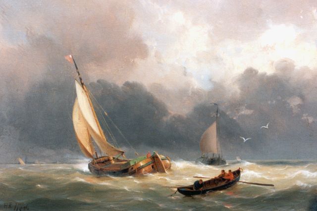 Hermanus Koekkoek jr. | Vissersboten op volle zee, olieverf op paneel, 18,4 x 24,8 cm, gesigneerd l.o. met monogram en gedateerd 1856