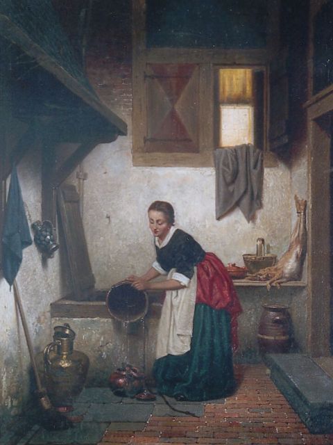 Grips C.J.  | Aan het werk in de keuken, olieverf op paneel 27,3 x 21,0 cm, gesigneerd r.o. en gedateerd 1865