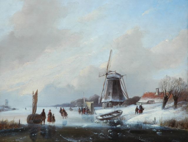 Jan Jacob Spohler | Bevroren rivier met schaatsvolk, olieverf op paneel, 26,8 x 34,0 cm, gesigneerd l.o.