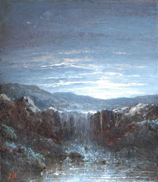 Johannes Hilverdink | Waterval bij maanlicht, olieverf op paneel, 10,1 x 8,7 cm, gesigneerd l.o. met initialen, en geschonken aan de Kunsthal