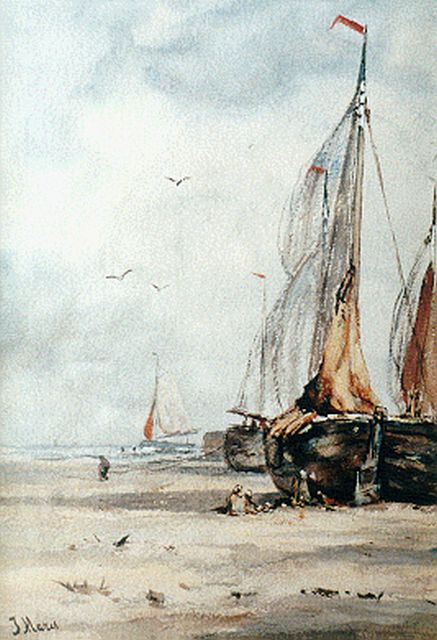 Maris J.H.  | Bommen op het strand, aquarel op papier 36,0 x 25,0 cm, gesigneerd l.o. en verso