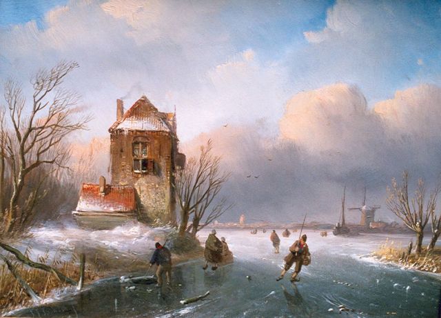 Jan Jacob Spohler | Schaatsers op een bevroren vaart, olieverf op paneel, 18,9 x 25,4 cm, gesigneerd l.o.