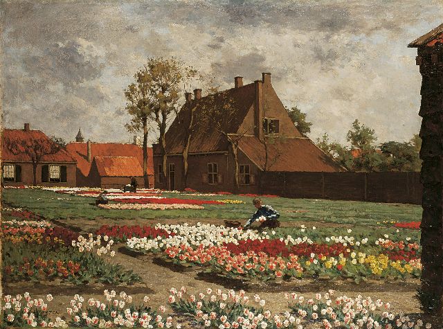 Anton Koster | Het huis van Benedictus de Spinoza te Rijnsburg temidden van bloeiende tulpenvelden, olieverf op doek, 75,1 x 100,4 cm, gesigneerd l.o.