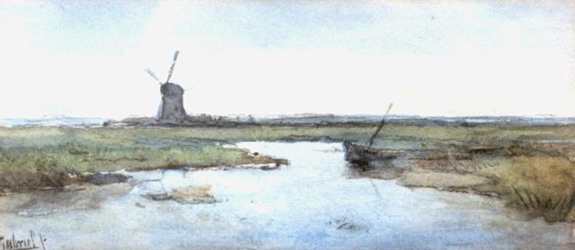 Gabriel P.J.C.  | Polderlandschap met molen, aquarel op papier 7,5 x 16,5 cm, gesigneerd l.o. en te dateren ca. 1899