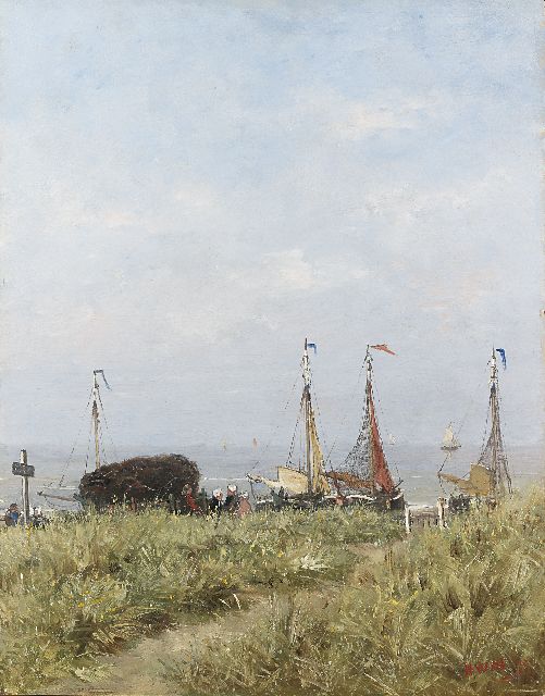 Hendrik Willem Mesdag | Vissersvolk en bommen achter de duinen, olieverf op paneel, 50,5 x 39,5 cm, gesigneerd r.o. met initialen en gedateerd '75