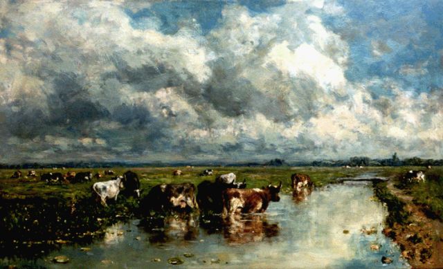 Willem Roelofs | Weids Hollands polderlandschap met vee, olieverf op doek, 49,5 x 80,0 cm, gesigneerd l.o.