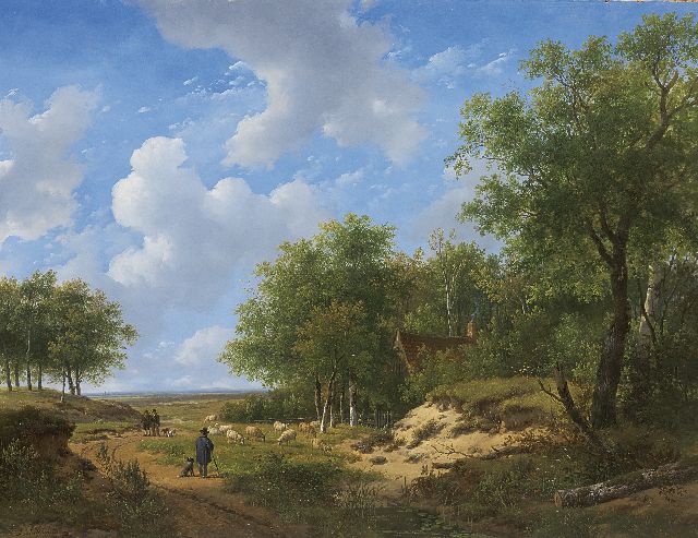 Schelfhout A.  | Heidelandschap met herder en schaapskudde, olieverf op paneel 53,1 x 68,9 cm, gesigneerd l.o.