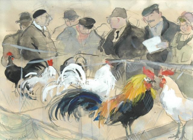 Holleman F.  | Hanen op de tentoonstelling van Avicultura, potlood, aquarel en gouache op papier 11,8 x 15,5 cm, gesigneerd l.o.