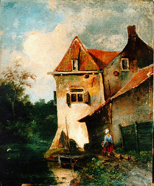 Hans J.G.  | Huisje met figuurtje aan het water, olieverf op paneel 31,2 x 26,0 cm, gesigneerd r.o.