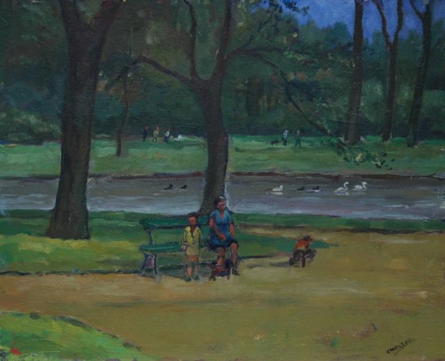 Noltee B.C.  | Moeder met kinderen in het park, olieverf op schildersboard 38,1 x 47,0 cm, gesigneerd r.o.