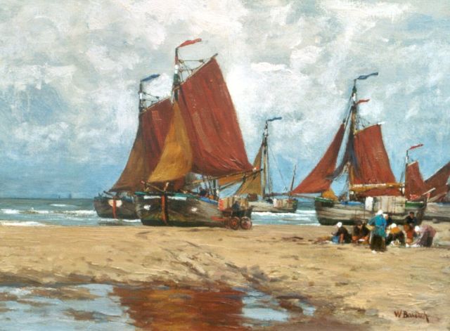Wilhelm Bartsch | Visverkoopsters en bomschuiten op het strand van Katwijk, olieverf op doek, 38,5 x 51,5 cm, gesigneerd r.o.