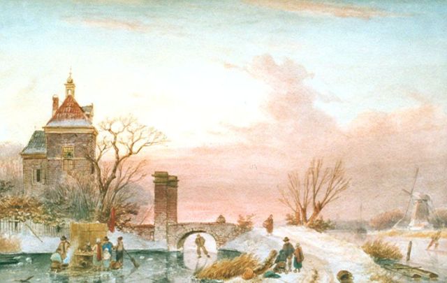 Leickert C.H.J.  | Schaatspret op een bevroren rivier bij een toren, aquarel op papier 30,8 x 48,8 cm, gesigneerd r.o.