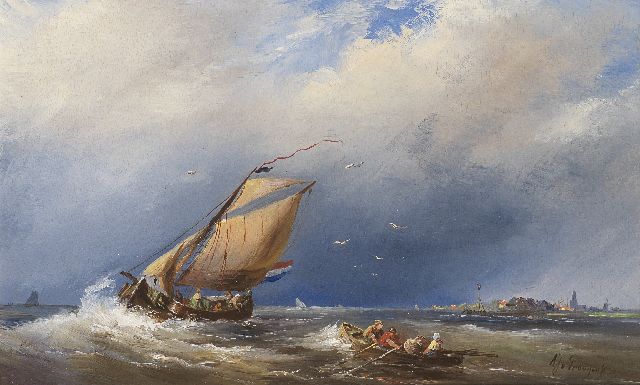 Albert Jurardus van Prooijen | Figuren in een vlet en een zeilende platbodem bij een havenhoofd, olieverf op paneel, 29,5 x 47,5 cm, gesigneerd r.o.