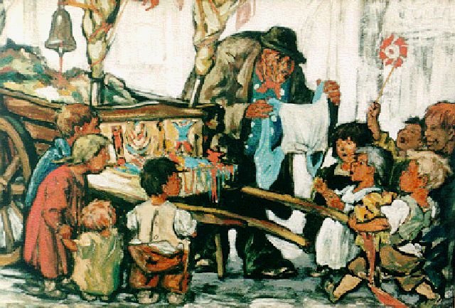 Wingen E.J.L.H.  | Kinderen bij een voddenkoopman, gouache op papier 36,2 x 51,4 cm, gesigneerd l.o. en gedateerd '16 Köln