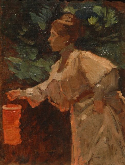 Maarel M. van der | Vrouw met lampion, olieverf op doek op paneel 40,5 x 31,3 cm, gesigneerd l.o.
