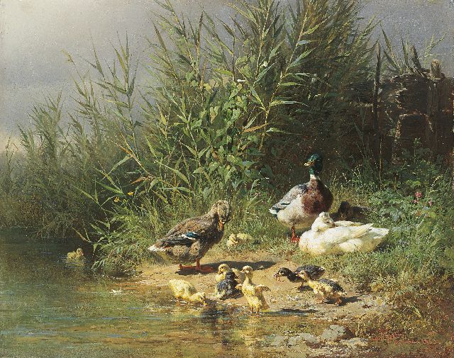 Jutz C.  | Eendenfamilie aan de waterkant, olieverf op schildersboard 22,8 x 29,0 cm, gesigneerd r.o. en gedateerd 'München 1863'