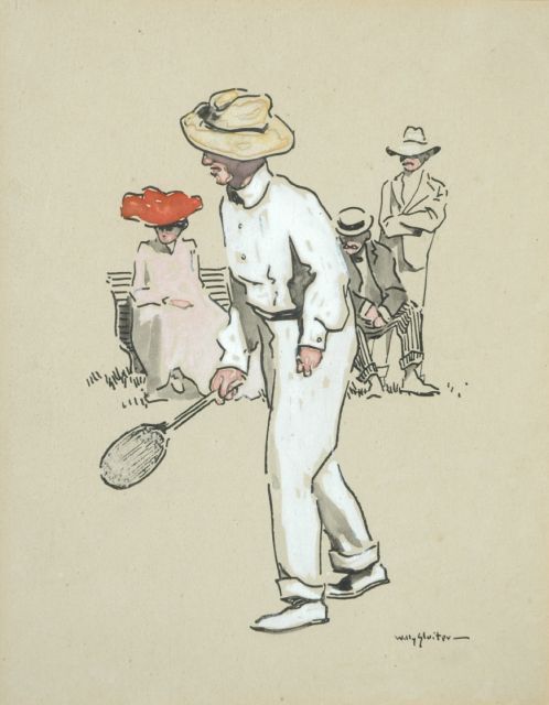 Sluiter J.W.  | Tennisspeler, inkt, krijt en aquarel op papier 27,0 x 21,0 cm, gesigneerd r.o.
