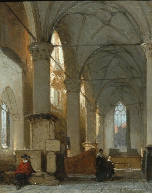 Bosboom J.  | Interieur van de Grote Kerk in Alkmaar, olieverf op paneel 19,1 x 14,9 cm, gesigneerd r.o.