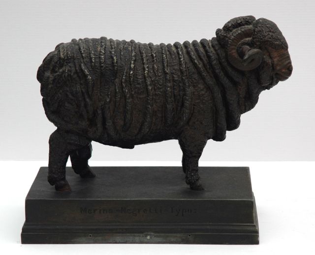 Landsberg M.  | Negretti Merino-schaap (ram) (alleen samen met 9180), brons 26,3 x 30,5 cm, gesigneerd voorzien van naaminscriptie op basis en Berlin 1884