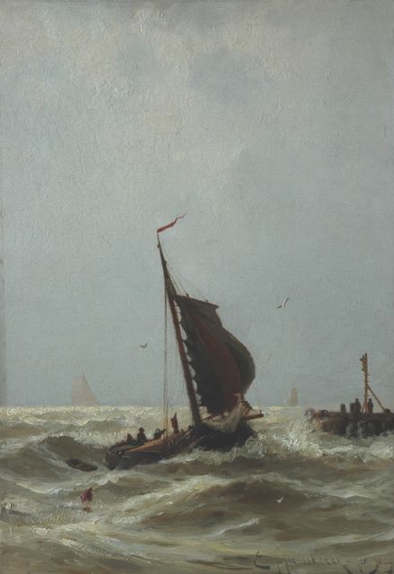 Heemskerck van Beest J.E. van | Zeilschip op woelige zee bij een havenhoofd, olieverf op paneel 50,1 x 34,9 cm, gesigneerd r.o.