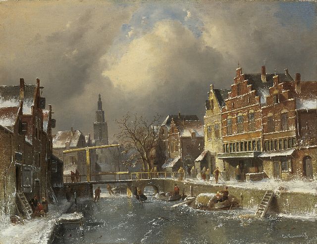 Leickert C.H.J.  | Het Verdronkenoord, Alkmaar, in de winter, olieverf op doek 63,7 x 82,2 cm, gesigneerd r.o. en op gevel r.m.