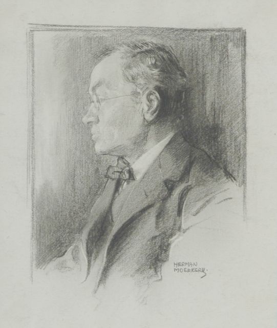 Moerkerk H.A.J.M.  | Portret van de componist Alphons Diepenbrock, zwart krijt op papier 14,4 x 12,9 cm, gesigneerd r.o.