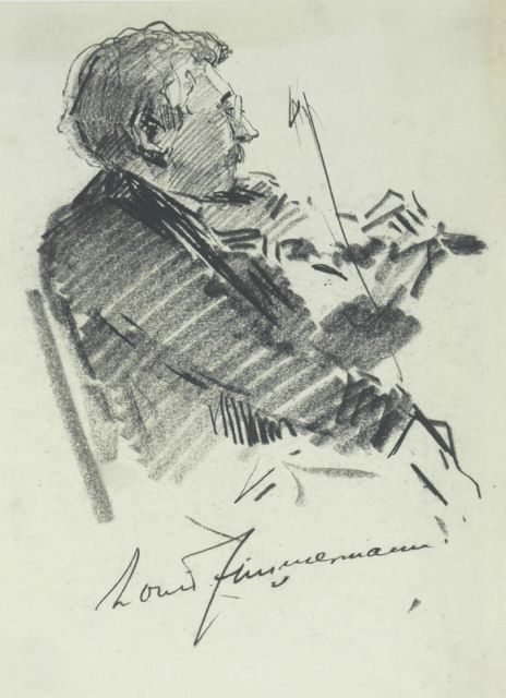 Moerkerk H.A.J.M.  | Portret van de violist en componist Louis Zimmermann, zwart krijt op papier 22,3 x 16,1 cm