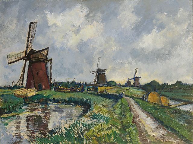 Louis Saalborn | Molens op een rij in Kinderdijk, olieverf op board, 74,6 x 99,3 cm, gesigneerd r.o.