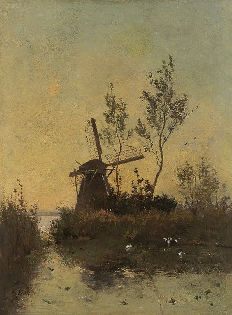 Gabriel P.J.C.  | Molen aan een polderplas bij zonsondergang, olieverf op doek 48,0 x 35,5 cm, gesigneerd l.o.