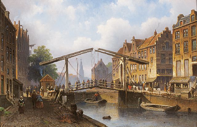 Hilverdink E.A.  | Stadsgezicht met ophaalbrug en talrijke figuren, olieverf op paneel 24,1 x 36,1 cm, gesigneerd l.o. en gedateerd 1862