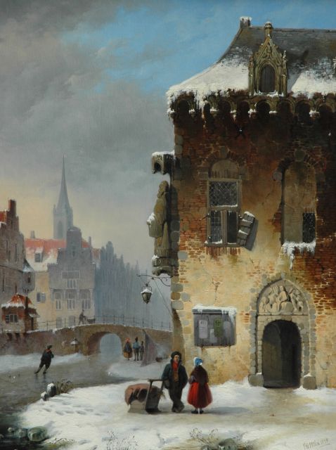 Vertin P.G.  | Winters stadsgezicht met wandelaars en schaatsers  (pendant van 9392 - alleen tezamen), olieverf op paneel 51,2 x 38,9 cm, gesigneerd r.o. en gedateerd 1838