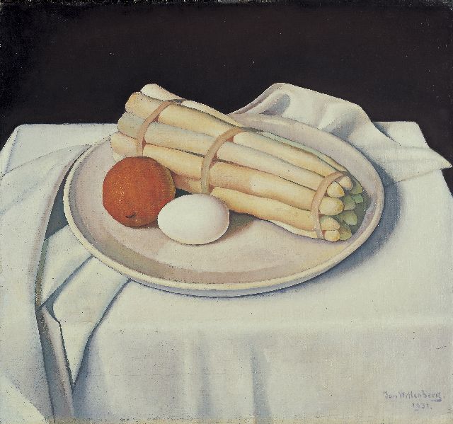Jan Wittenberg | Stilleven van asperges, sinaasappel en een ei, olieverf op doek, 36,5 x 39,0 cm, gesigneerd r.o. en gedateerd 1931