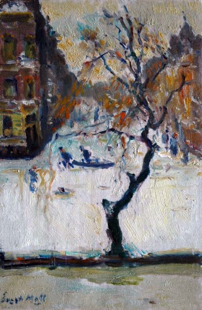 Evert Moll | Stadsgracht in de winter, olieverf op doek, 29,9 x 20,3 cm, gesigneerd l.o. en op spieraam en gedateerd 'Januari 1945' op spieraam