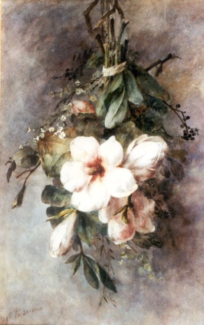 Roosenboom M.C.J.W.H.  | Hangend boeket met magnolia's, aquarel op papier 65,0 x 41,9 cm, gesigneerd l.o.