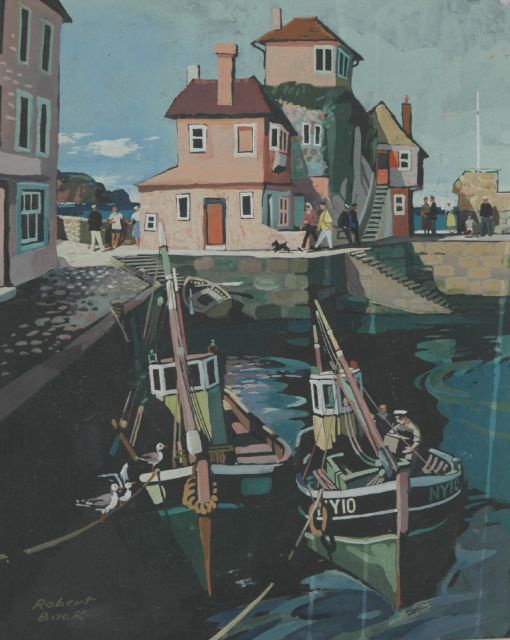 Back R.T.  | Vissersschepen in de haven van Mevagissey, Cornwall, gouache op papier 32,0 x 25,8 cm, gesigneerd l.o.