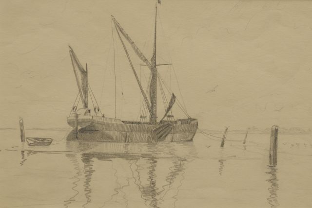Back R.T.  | Afgemeerde 'Thames barge', potlood op papier 25,3 x 35,7 cm, gesigneerd verso