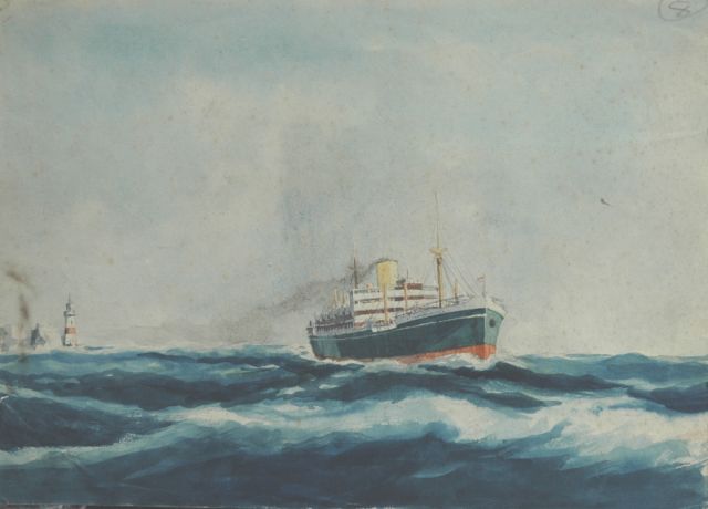 Back R.T.  | Het stoomschip Moreton Bay voor de kust, aquarel op papier 21,3 x 29,7 cm, gesigneerd verso