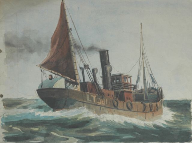 Back R.T.  | Drifter op zee, aquarel op papier 27,5 x 37,7 cm, gesigneerd r.o.