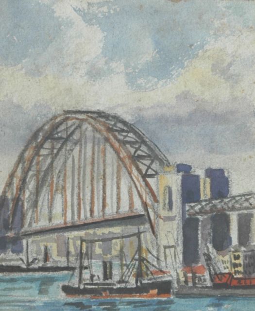 Back R.T.  | Scheepsverkeer bij de Sydney Harbour Bridge, Sydney, Australië, potlood en aquarel op papier 13,3 x 11,2 cm